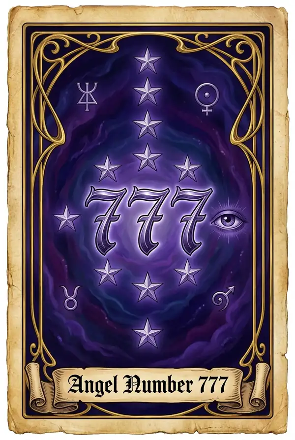 Angel number 777 - a luminous eye with seven rings of light, a path through the stars